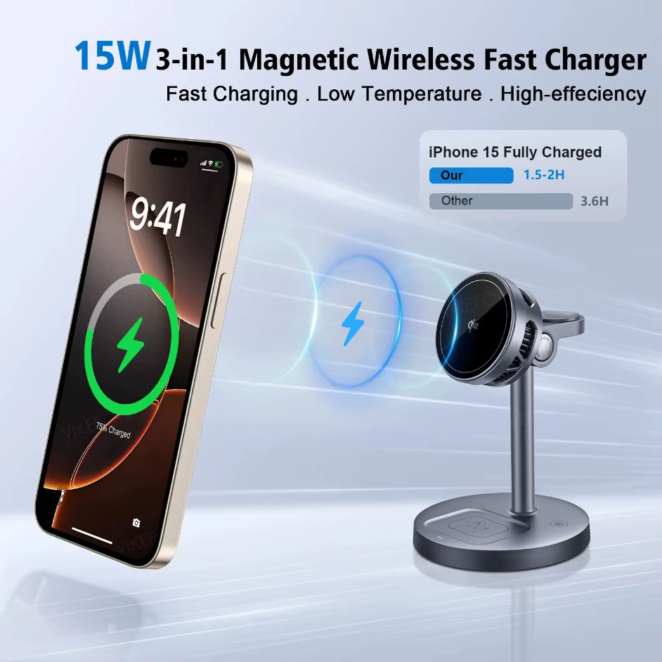 3-in-1 Qi2 15W Magnetic Wireless Charging Stand for iPhone 12–17 Pro Max, Apple Watch (Series 2–10), and AirPods (Pro & Gen 4)