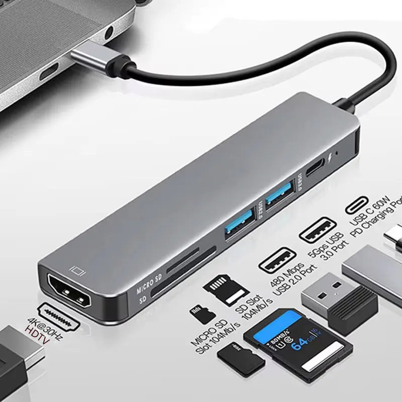 6-in-1 USB-C Hub with 4K HDMI, SD/TF Card Reader, USB 3.0 & 2.0 Ports, and Type-C Charging Docking Station for MacBook, iPad, and Samsung Devices