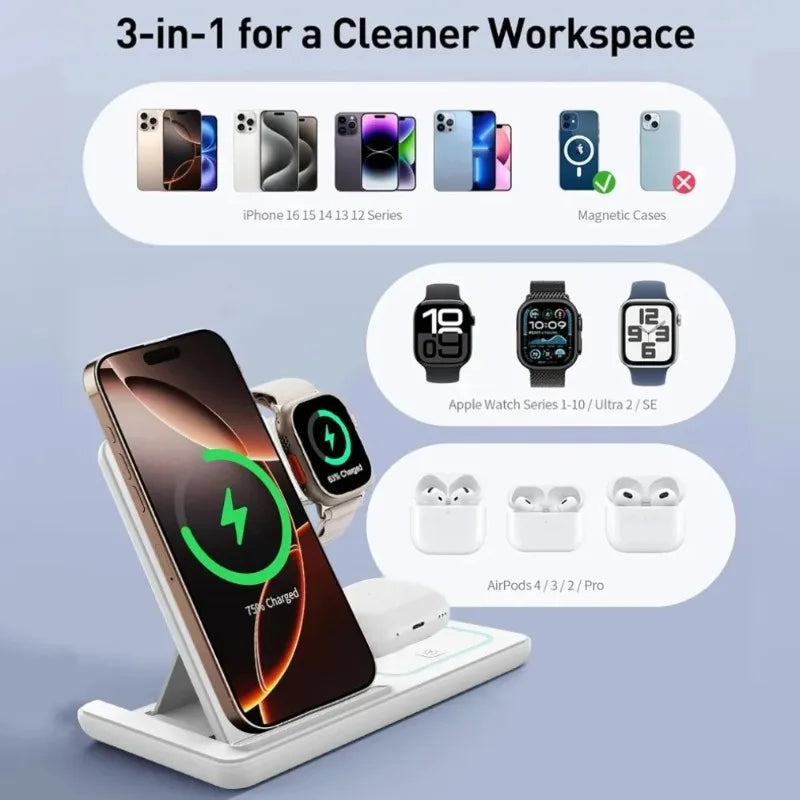 3-in-1 Folding Wireless Charging Station with Night LED Light for iPhone 13–17, Apple Watch SE, and AirPods Pro (Fast Charge)