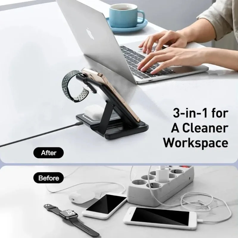 3-in-1 Folding Wireless Charging Station with Night LED Light for iPhone 13–17, Apple Watch SE, and AirPods Pro (Fast Charge)