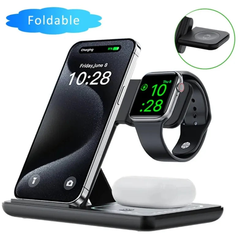 3-in-1 Folding Wireless Charging Station with Night LED Light for iPhone 13–17, Apple Watch SE, and AirPods Pro (Fast Charge)
