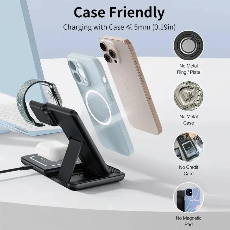 3-in-1 Folding Wireless Charging Station with Night LED Light for iPhone 13–17, Apple Watch SE, and AirPods Pro (Fast Charge)