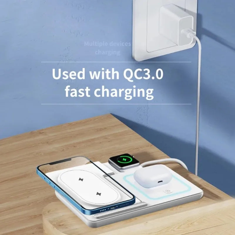 3-in-1 Folding Wireless Charging Station with Night LED Light for iPhone 13–17, Apple Watch SE, and AirPods Pro (Fast Charge)