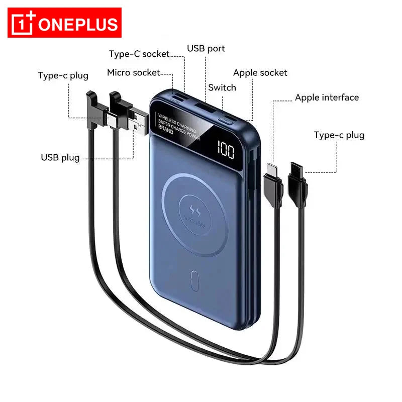 50,000mAh Magnetic Power Bank with Wireless Charging & Built-In Cable for iPhone (MagSafe Compatible)