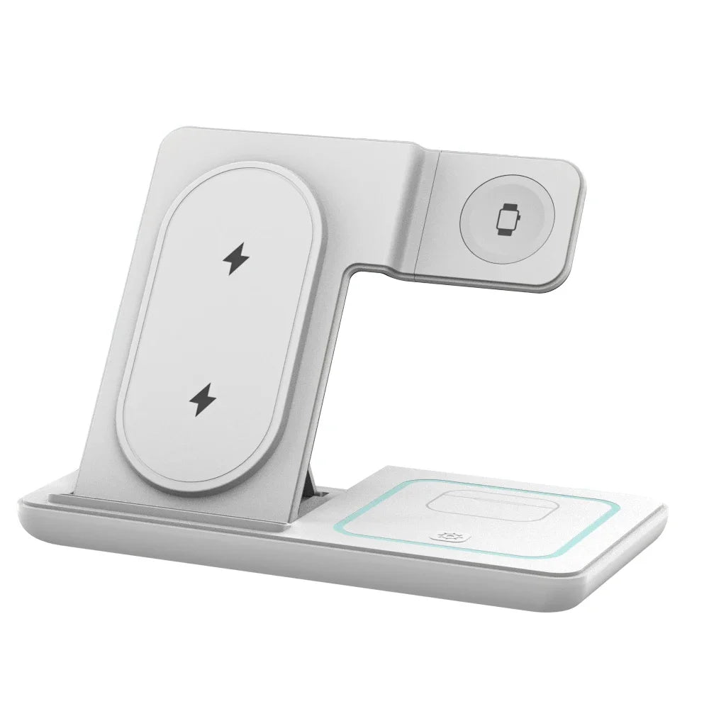 3-in-1 Folding Wireless Charging Station with Night LED Light for iPhone 13–17, Apple Watch SE, and AirPods Pro (Fast Charge)