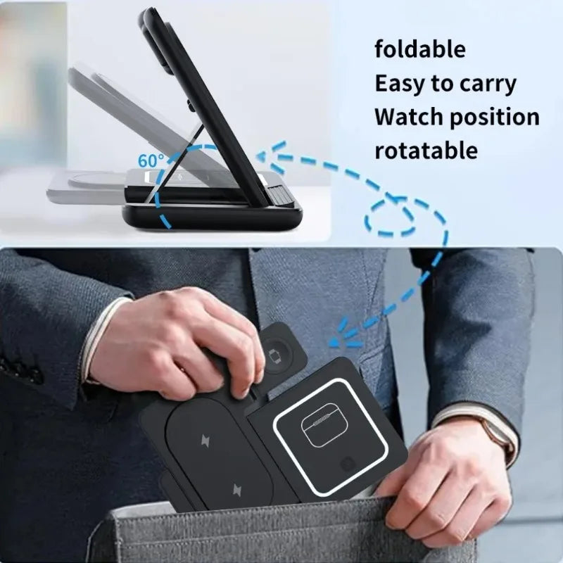 3-in-1 Folding Wireless Charging Station with Night LED Light for iPhone 13–17, Apple Watch SE, and AirPods Pro (Fast Charge)