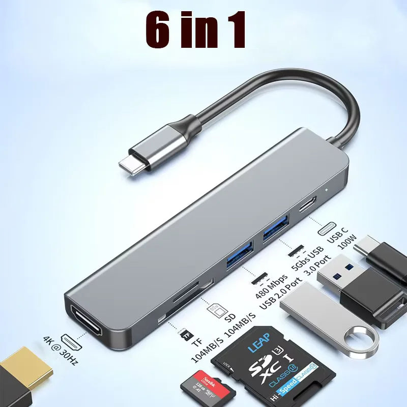 6-in-1 USB-C Hub with 4K HDMI, SD/TF Card Reader, USB 3.0 & 2.0 Ports, and Type-C Charging Docking Station for MacBook, iPad, and Samsung Devices