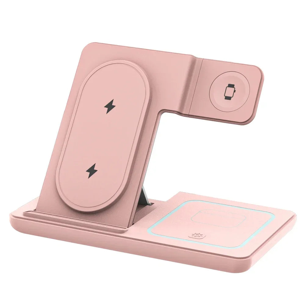 3-in-1 Folding Wireless Charging Station with Night LED Light for iPhone 13–17, Apple Watch SE, and AirPods Pro (Fast Charge)