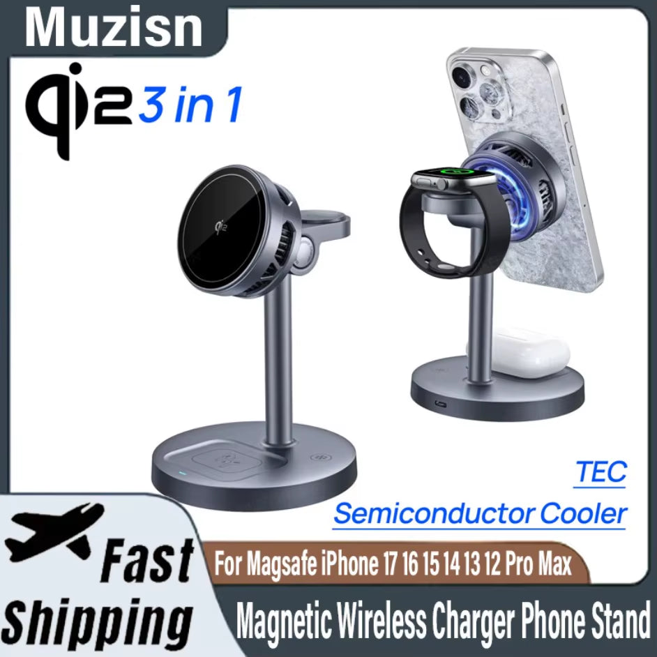 3-in-1 Qi2 15W Magnetic Wireless Charging Stand for iPhone 12–17 Pro Max, Apple Watch (Series 2–10), and AirPods (Pro & Gen 4)