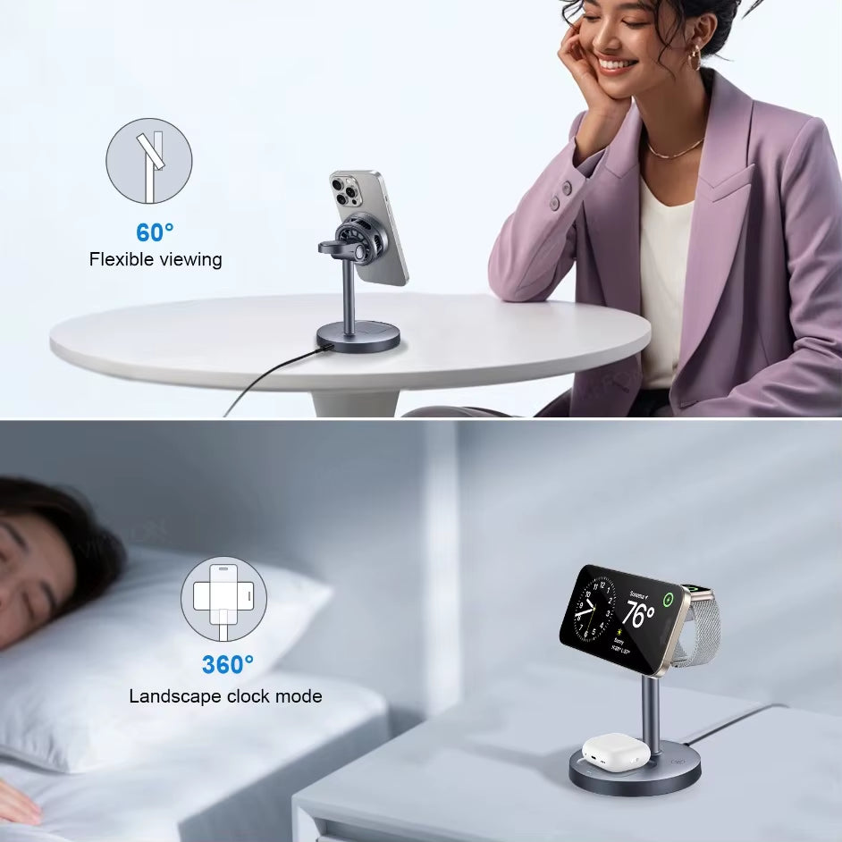 3-in-1 Qi2 15W Magnetic Wireless Charging Stand for iPhone 12–17 Pro Max, Apple Watch (Series 2–10), and AirPods (Pro & Gen 4)