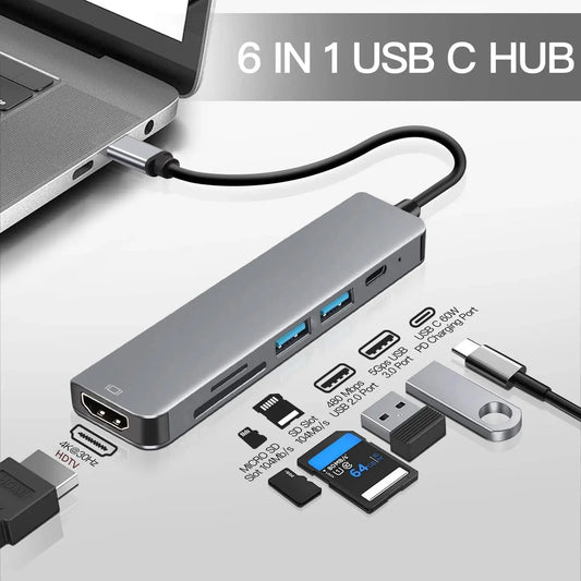 6-in-1 USB-C Hub with 4K HDMI, SD/TF Card Reader, USB 3.0 & 2.0 Ports, and Type-C Charging Docking Station for MacBook, iPad, and Samsung Devices