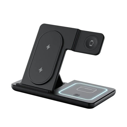 3-in-1 Folding Wireless Charging Station with Night LED Light for iPhone 13–17, Apple Watch SE, and AirPods Pro (Fast Charge)