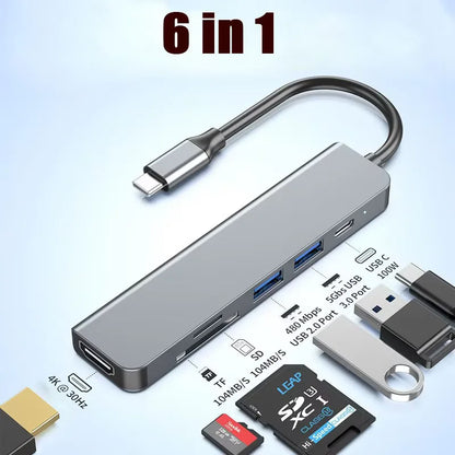 6-in-1 USB-C Hub with 4K HDMI, SD/TF Card Reader, USB 3.0 & 2.0 Ports, and Type-C Charging Docking Station for MacBook, iPad, and Samsung Devices