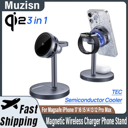 3-in-1 Qi2 15W Magnetic Wireless Charging Stand for iPhone 12–17 Pro Max, Apple Watch (Series 2–10), and AirPods (Pro & Gen 4)