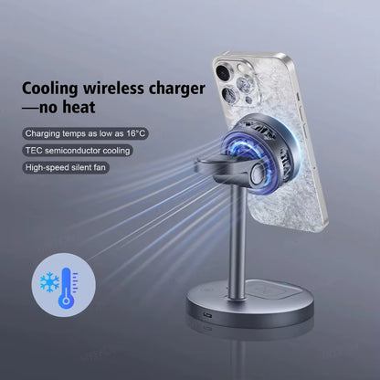 3-in-1 Qi2 15W Magnetic Wireless Charging Stand for iPhone 12–17 Pro Max, Apple Watch (Series 2–10), and AirPods (Pro & Gen 4)